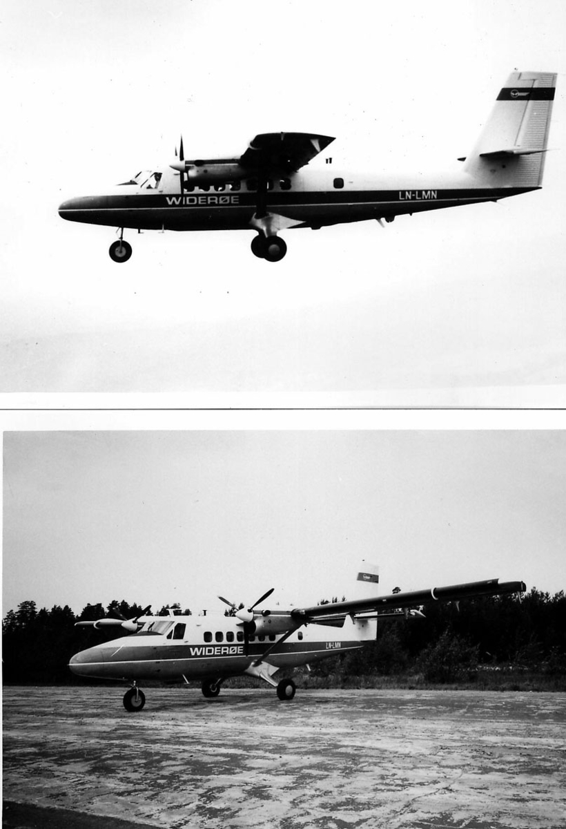 De Havilland DHC 6, Twin Otter 200, LN-LMN, fra Widerøe. To samensatte foto, ett av flyet i luften og ett av flyet på bakken.