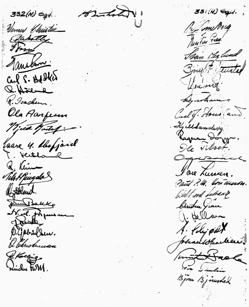 Nedskrevne signaturer. Medlemmer av 331 oog 332 skvadronen som holdt til i England under 2. verdenskrig.
