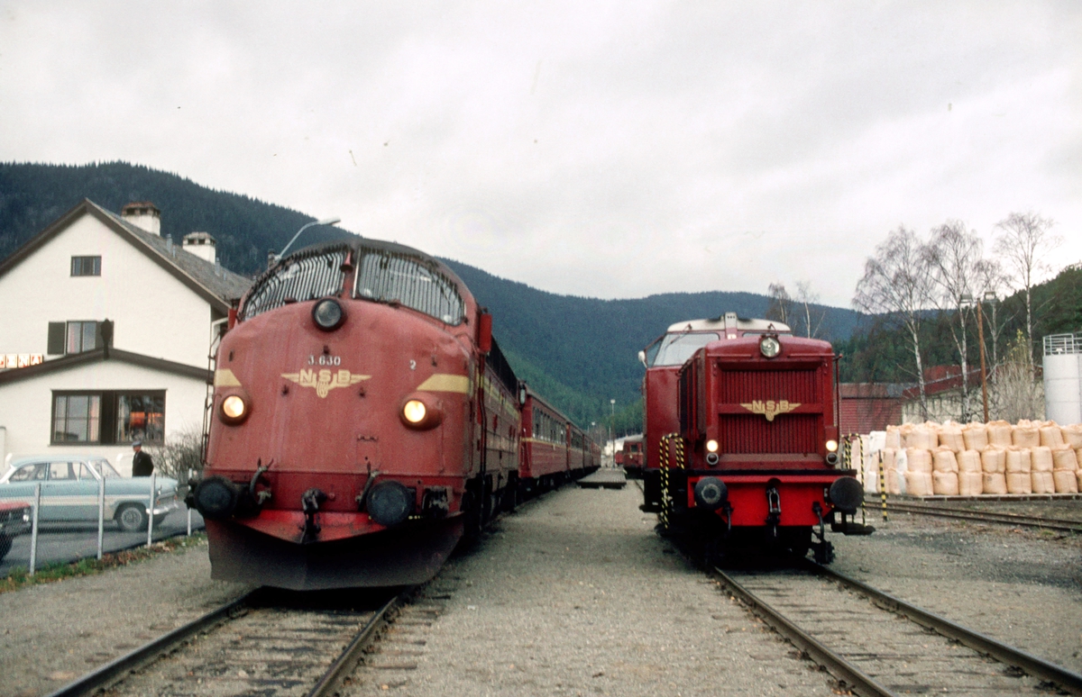 Fagernes stasjon med tog 282 i spor 1. NSB dieselelektrisk lokomotiv Di 3 630 og vogner type 3. Di 2 med styrevogn type 91 skal gå som persontog 286 (søndagstog) til Eina senere.
