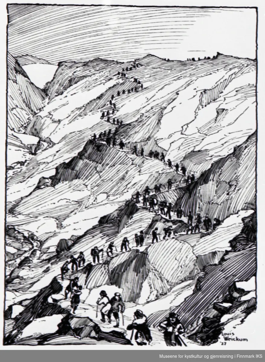 Illustrasjon. Sikk-sakk-veien fra Hornvika med turister på tur oppover til Nordkapp. Tegning av Louis Weickum, 1927.