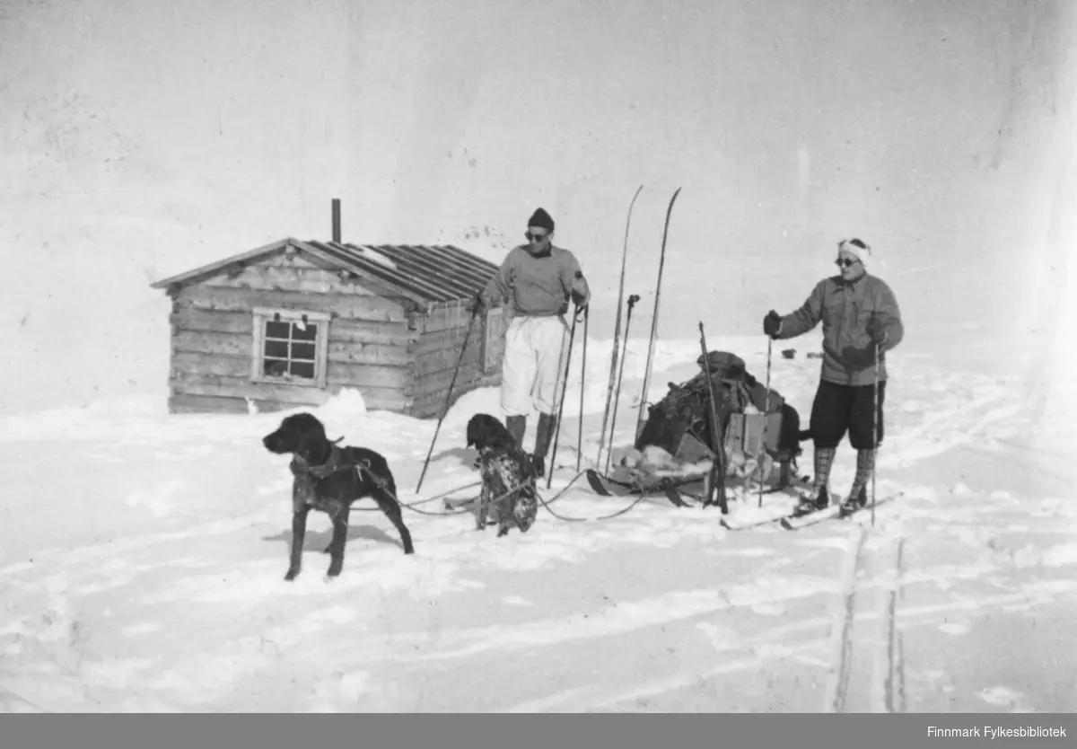 Påsken 1950. Sigbjørn Isaksen, Fritz Ebeltoft og Petter Hildonen gikk på ski fra Vadsø til Tana. De hadde Petter Hildonens hunder med på turen