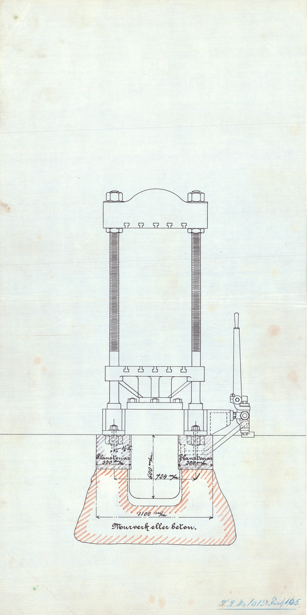 3 st ritningar av hydraulisk hylspress vid Artilleridepartementet.
Början av 1900-talet.