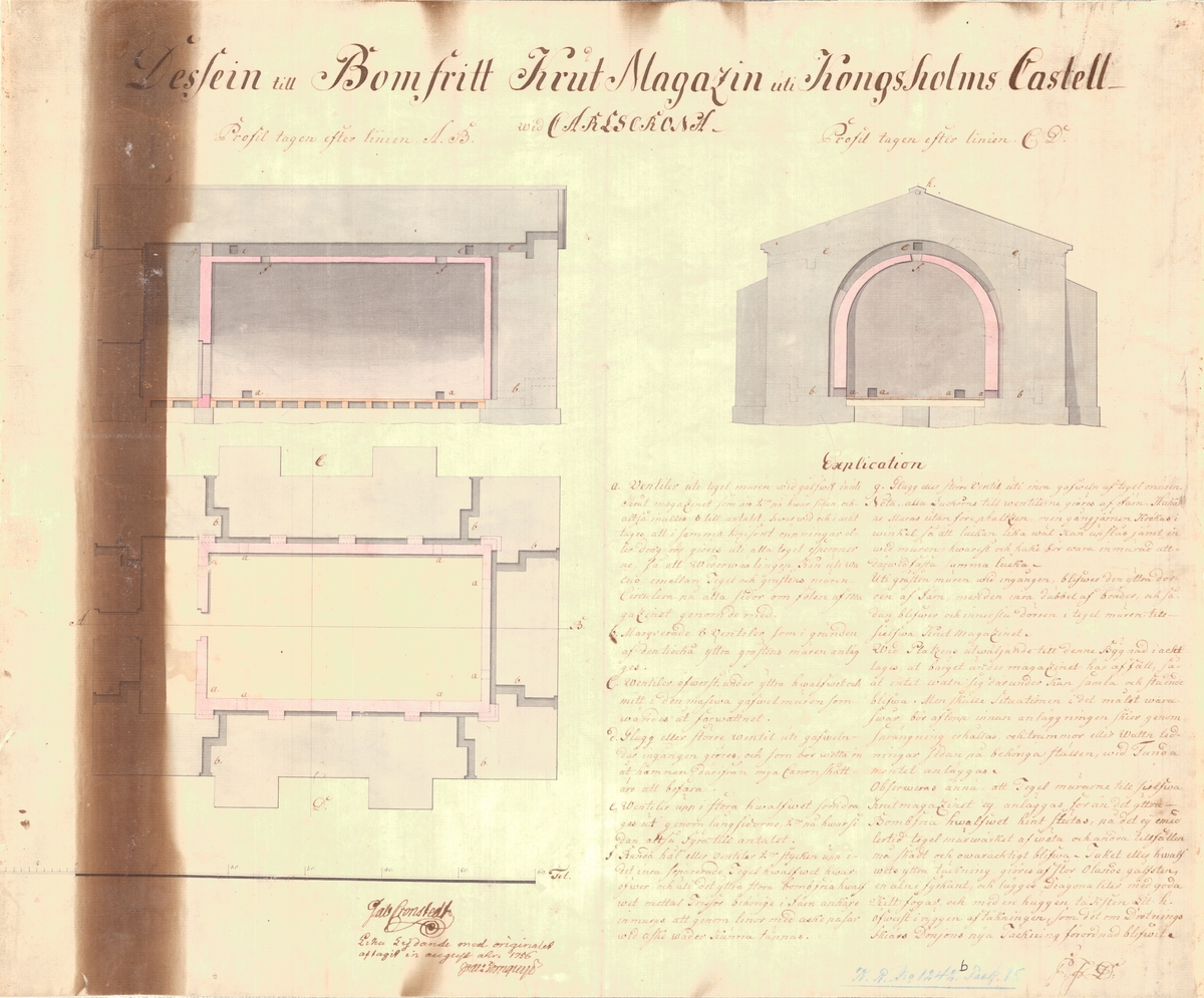 3 ritningar till Fagernes eller Lafwernes inrättning som kommer att uppföras i krutmagasinet på sjökastellet Kungsholmen