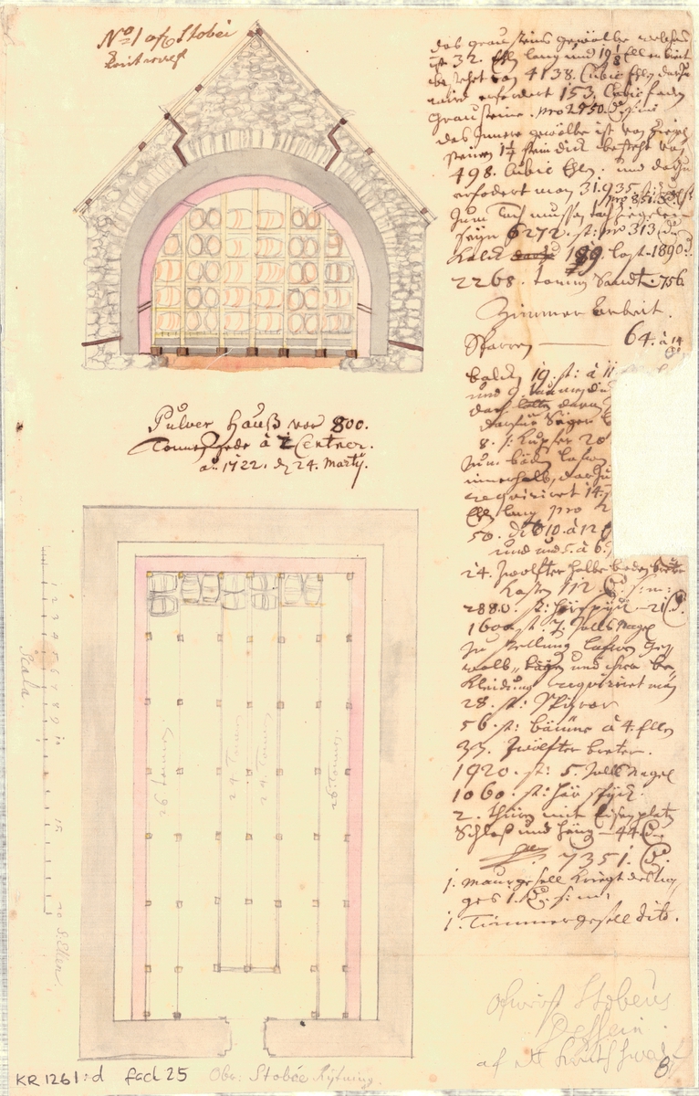 Häftad pärm innehållande 6 ritningar och 3 skrivelser över kruthus under tiden 1707-1724