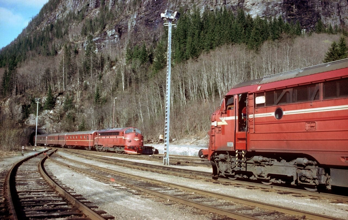 Godstog 5793 til Bodø krysser hurtigtog 452, dagtoget Bodø - Trondheim, i Grong.