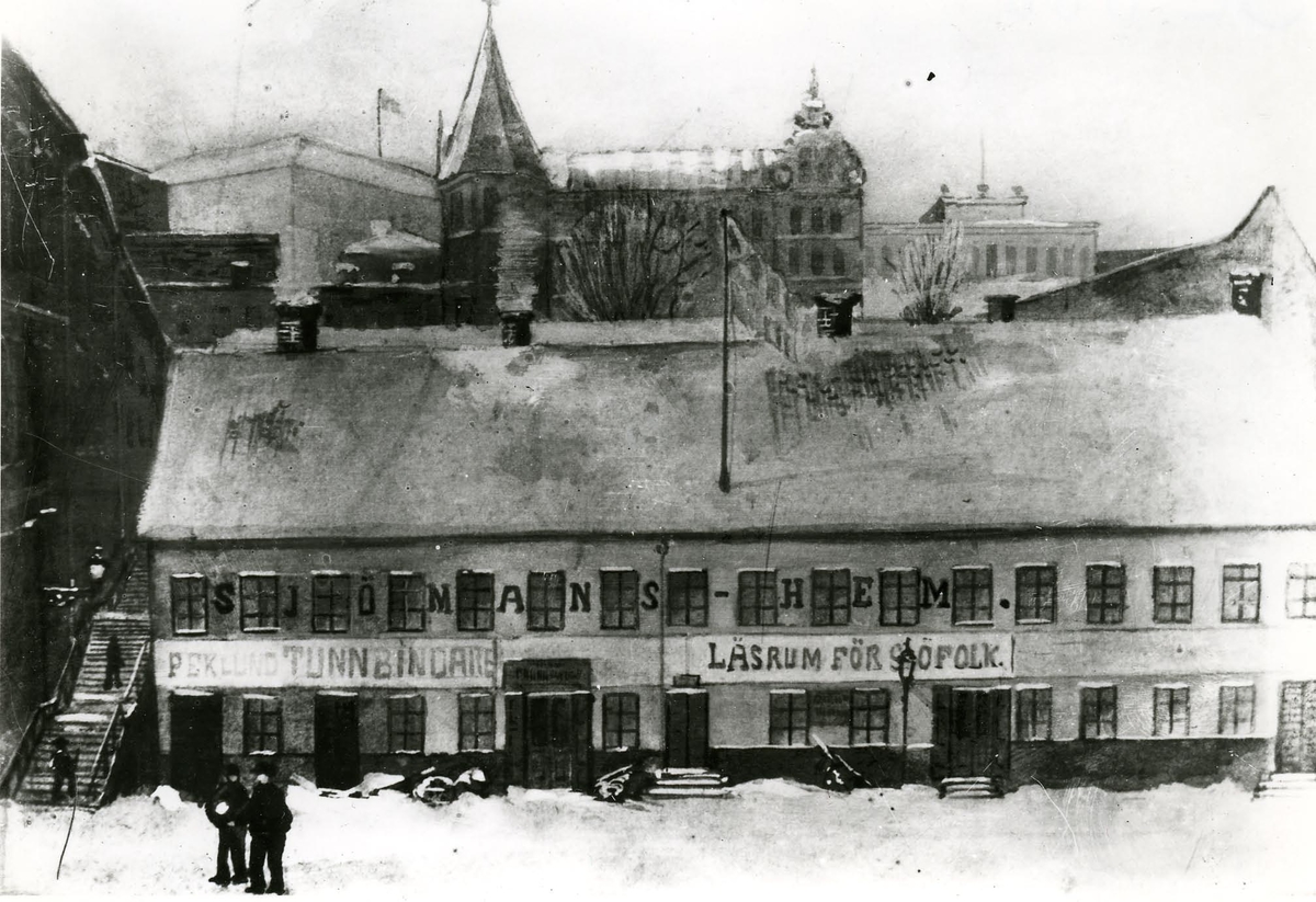 Stockholms Sjömanshemmet, Stadsgården, på 1890-talet.
Akvarell sign: E. Hillberg.