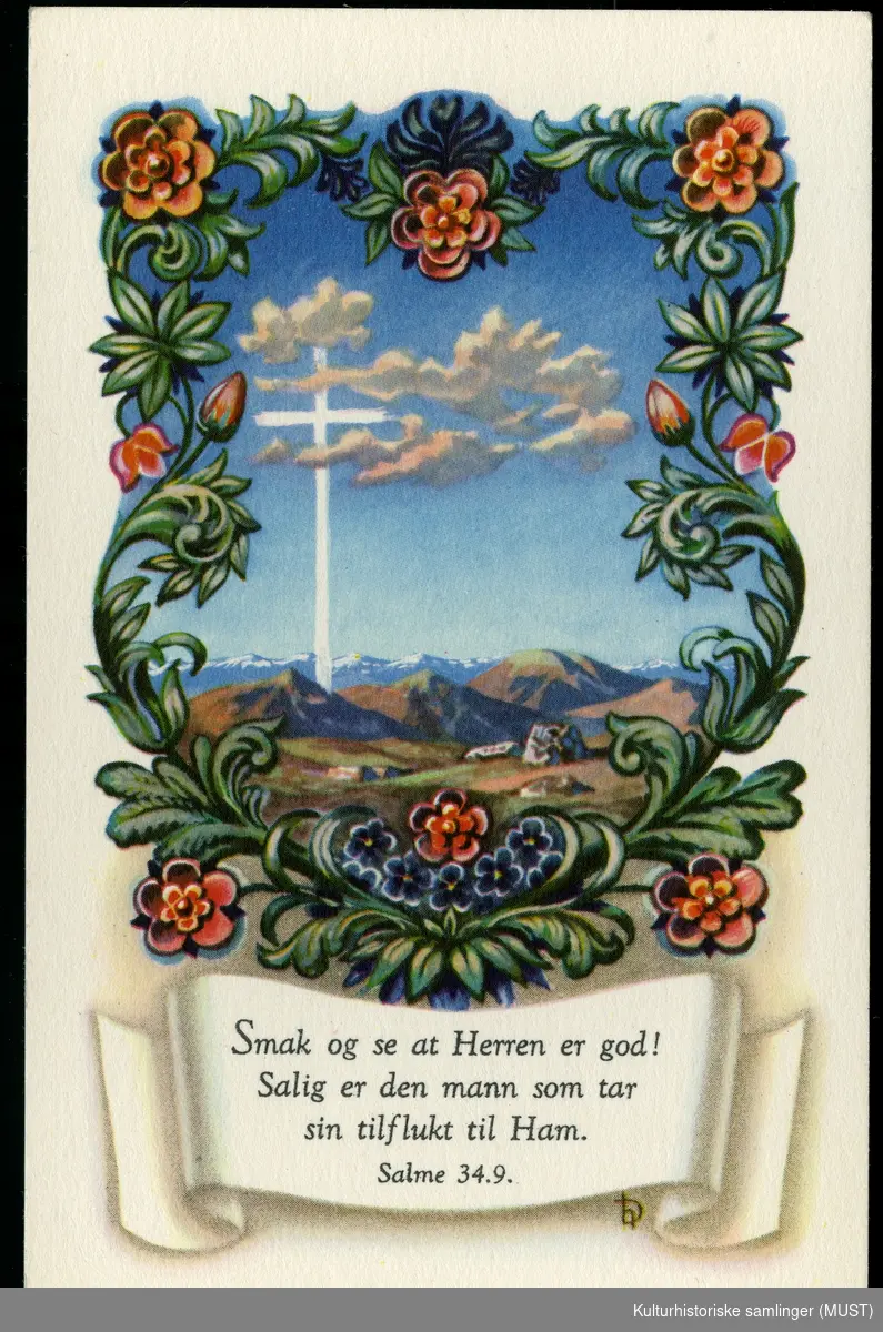 Gratulasjonskort solgt hos Hustvedt

Blomster innrammer et landskap med et kors