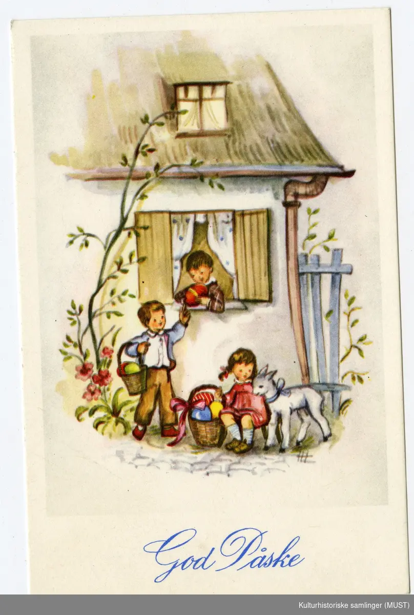 Påskekort solgt hos Hustvedt

Barn ved vinduet med kurver med fargerrike egg.