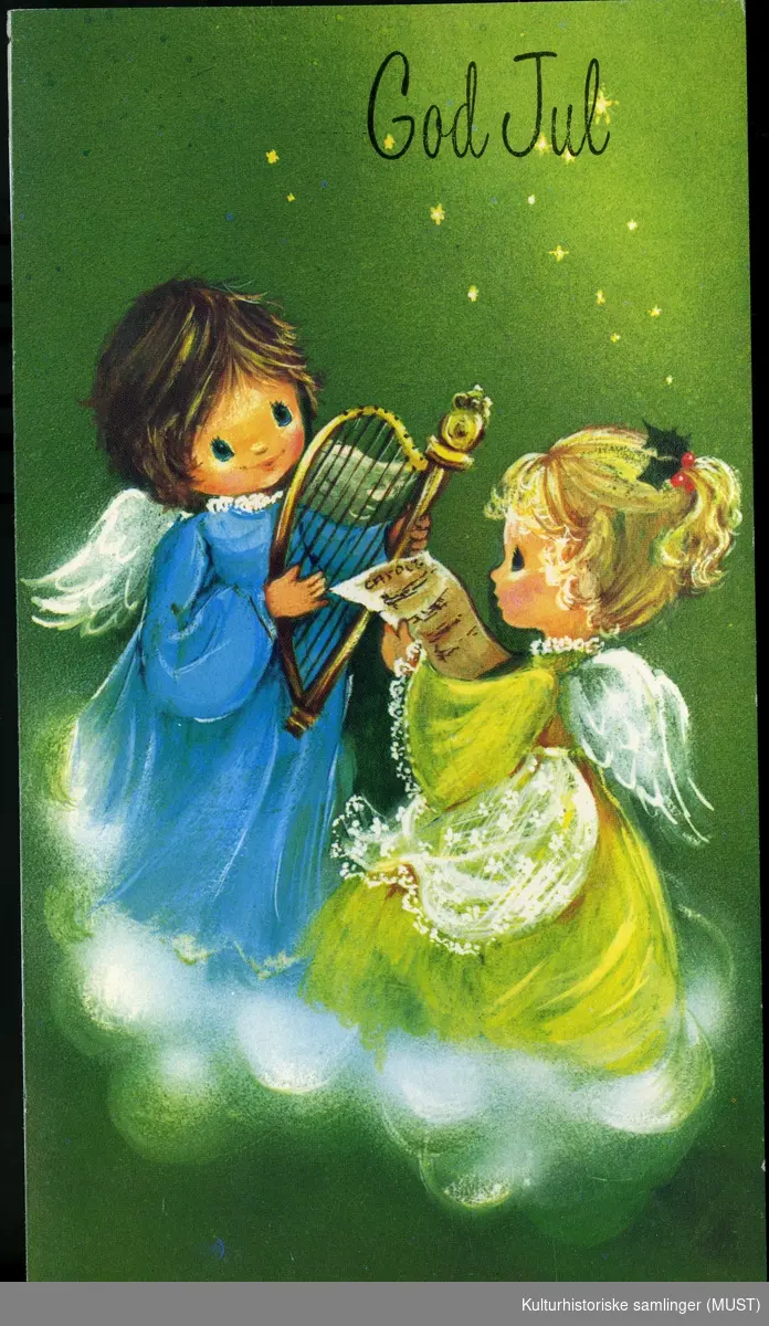 Jule og nyttårskort solgt fra Hustvedt.
Motiv av to engler som spiller harpe og synger. Foldekort. Inni kortet tre vers med jeg synger julekvad og teksten En velsignet jule-høytid
hilse fra:

God jul