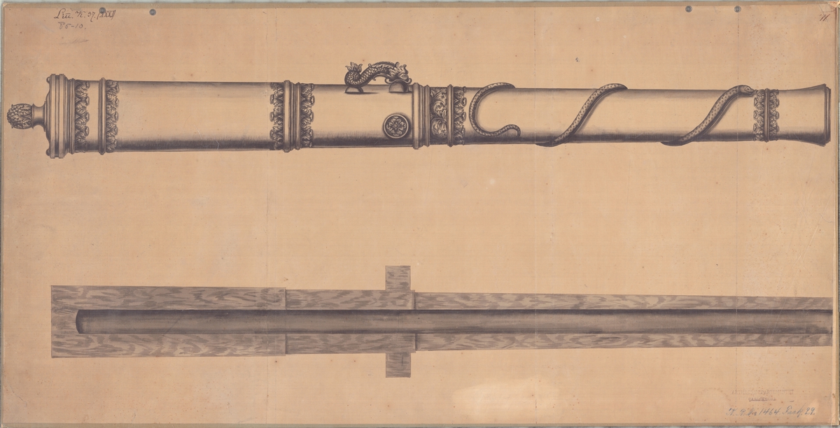 Ritning på gjuterimodeller till kanoner. Från första åren av 1700-talet.
Uppklistrad på kartong.