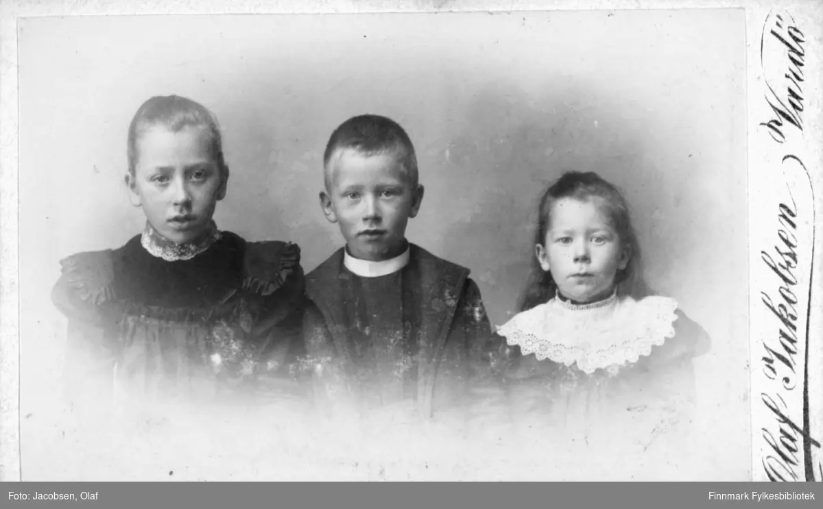 Barn to gutter en jente, hun har en brodert krage. de står ved siden av hverandre, bildet er i halvfigur fra studio ateliere  Albumet med bildet kommer fra Ekkerøy, kanskje barna bodde der.