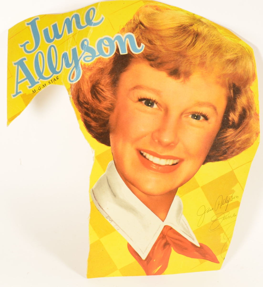 Stilisert, kolorert foto av filmstjerne June Allyson på gul bakgrunn.
