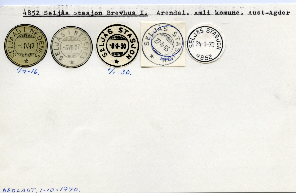 Stempelkatalog  4852 Seljås stasjon, Åmli kommune, Aust-Agder
(Seljaas i Nedenes 1916)