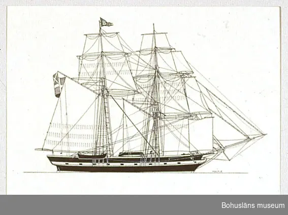 Montering/ram: Passepartout av tunn grå kartong; 55 x 66 cm, Brigantinen Bull från Stockholm byggd 1841. Det andra svenska
fartyget, som seglade jorden runt.
Övrig historik se UM72.26.001.