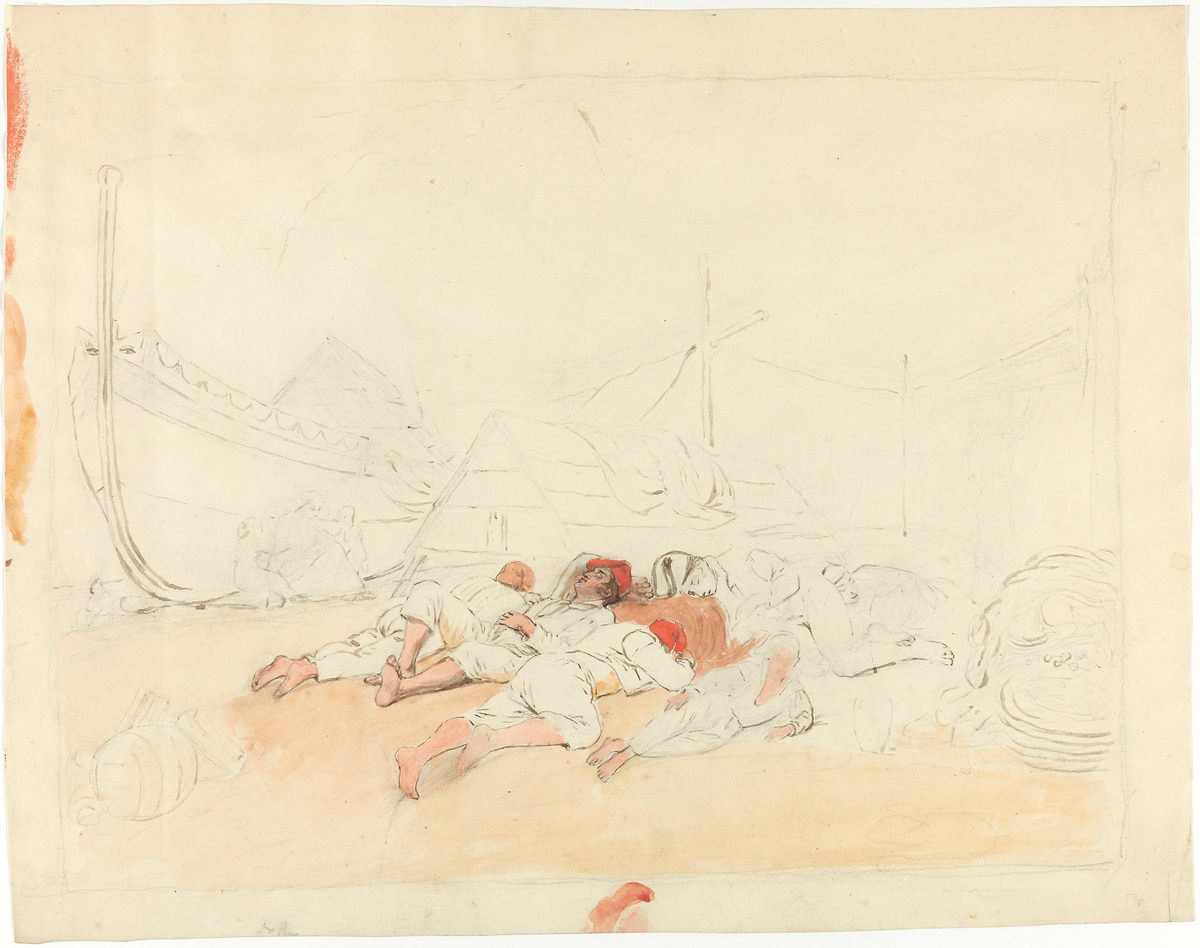 Sovende fiskere på stranden [Tegning]
