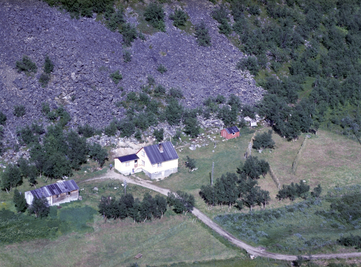 Flyfoto fra Adamsfjord. Negativ nr. 122670. Hjemgården til Alfred Olsen, Adamsfjord.    fargekopi finnes i arkivet.