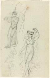 Fløytespiller og to dansende kvinner [Tegning]