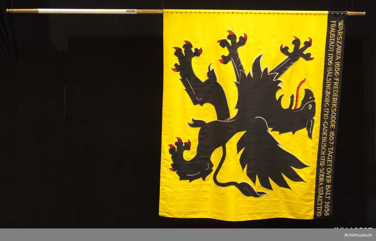 På gul duk landskapet Södermanlands vapenbild; en svart upprest grip med röd tunga. På svart bård i fanans överkant segergamn i gult. Duk av siden med dekor utförd i intarsia och handbroderi.