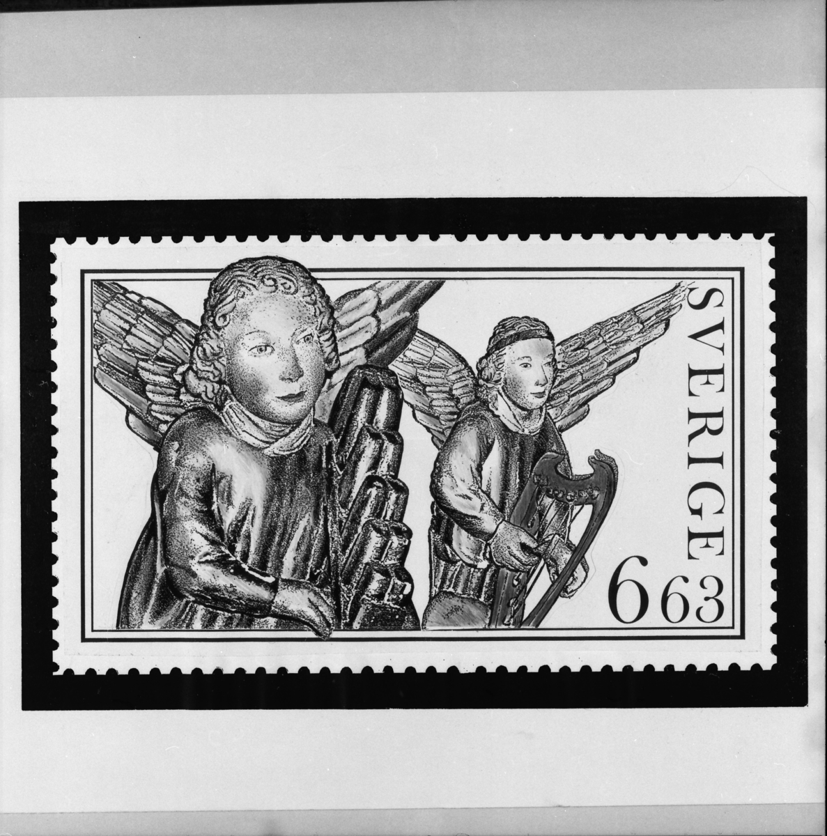 Original till frimärket "Musicerande Änglar" från ett altarskåp av en tysk mästare på 1400-talet  i Litslena kyrka för frimärksutgåvan Utrikes julpost, 1997.
