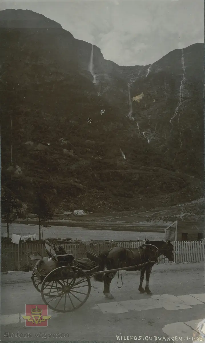 Album fra 1903-1908. Kjelfossen er en foss i Gudvangen, Aurland.  07-07 1905.  Hest med stolkjerre står og venter utenfor Vikingvang hotel.