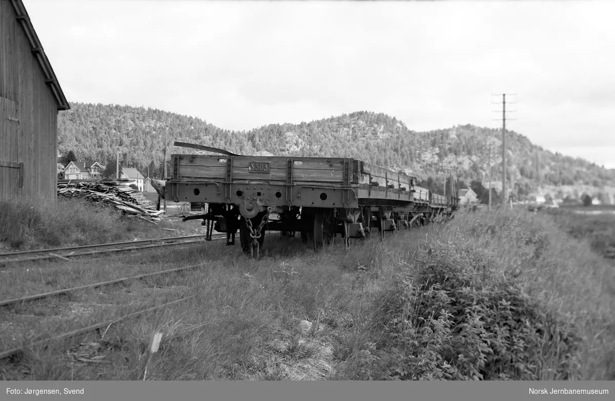 Hensatte godsvogner, litra M nr. 3303 fremst, på Mandalssporet, Hægeland stasjon