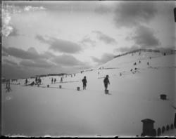 Vinterbilde fra Vardø. Barn, noen med ski og kjelker, leker 