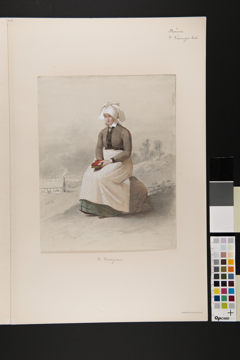 Kvinna i dräkt, sittande i helfigur. Akvarell i storformat av Otto Wallgren