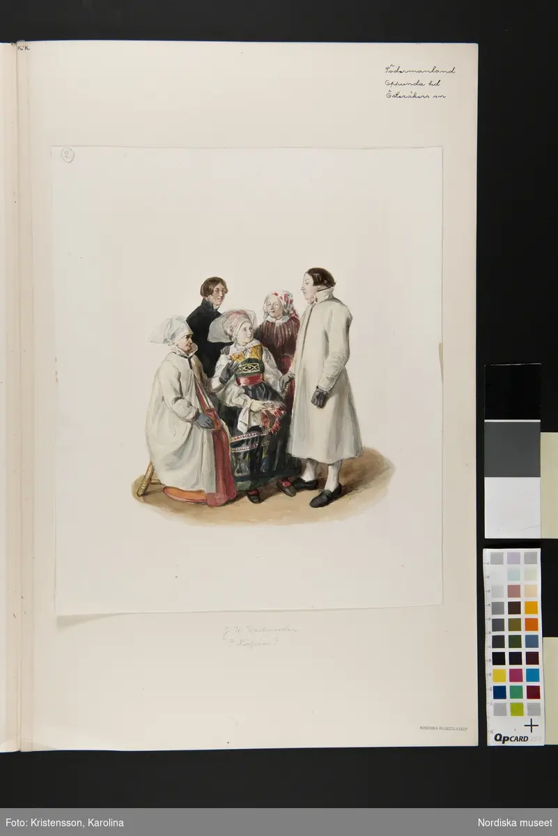 Dräkt. Tre kvinnor och två män. Akvarell i storformat av J.W. Wallander kopia?