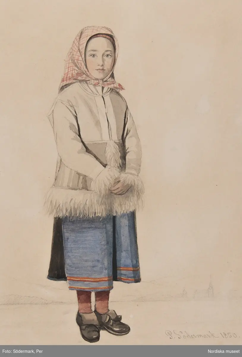 Flicka i Moradräkt med skinntröja, Mora. Akvarell av P.Södermark.