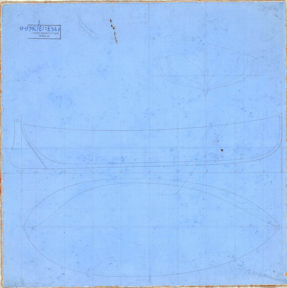 spetsgattad segelkanot Ambia
Skiss; Spantruta, linjeritning