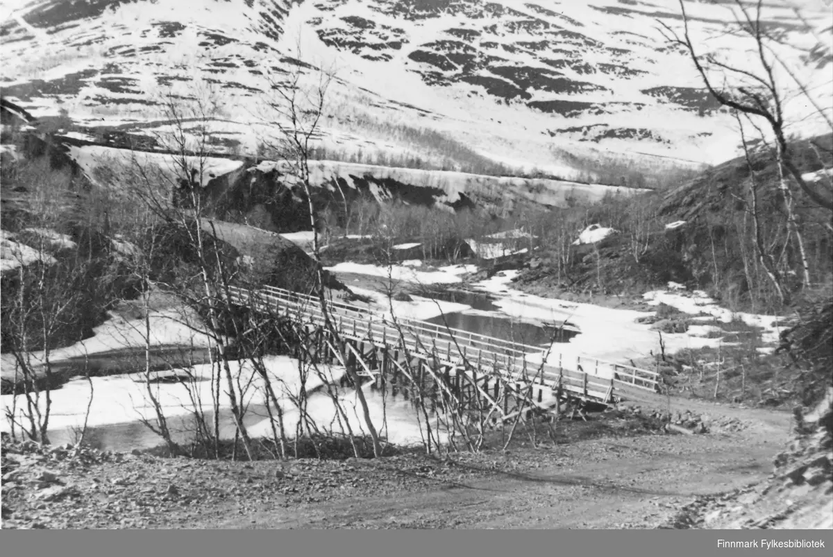 Grusvei ned til den provisoriske broen over Mattiselv, bygget for å erstatte den opprinnelige som ble knust under krigen.  Mai 1946.