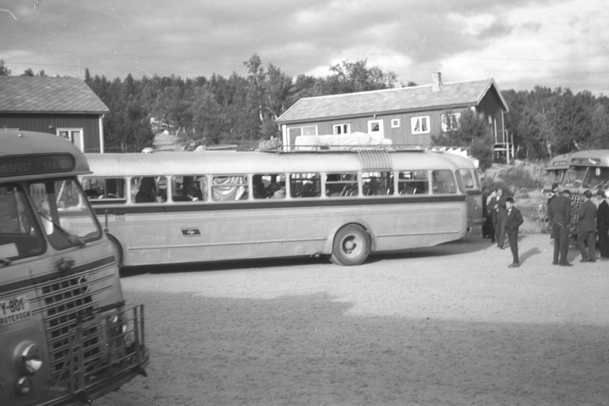 Nord-Norge busser, som kjørte mellom Fauske og Vadsø, har stoppet og folk er ute å strekker på beina. Stedet kan iflg. infomanten være Ifjord. Bussen nærmest har registreringsnummer Y-801. Vi ser en Volvo-logo i grillen. Y-801 ble brukt av FFR eller Finnmark Fylkesrederi og Ruteselskap på en 1953-modell og seinere på en 1965-modell. Dette er nok 1953-modellen. Dette er typiske 1950-talls busser. På Nord-Norge-Bussens avganger Lakselv-Kirkenes eller motsatt, var det spisepause ved Ifjord Gjestgiveri. Bildet viser kanskje parkeringsplassen ved gjestgiveriet.