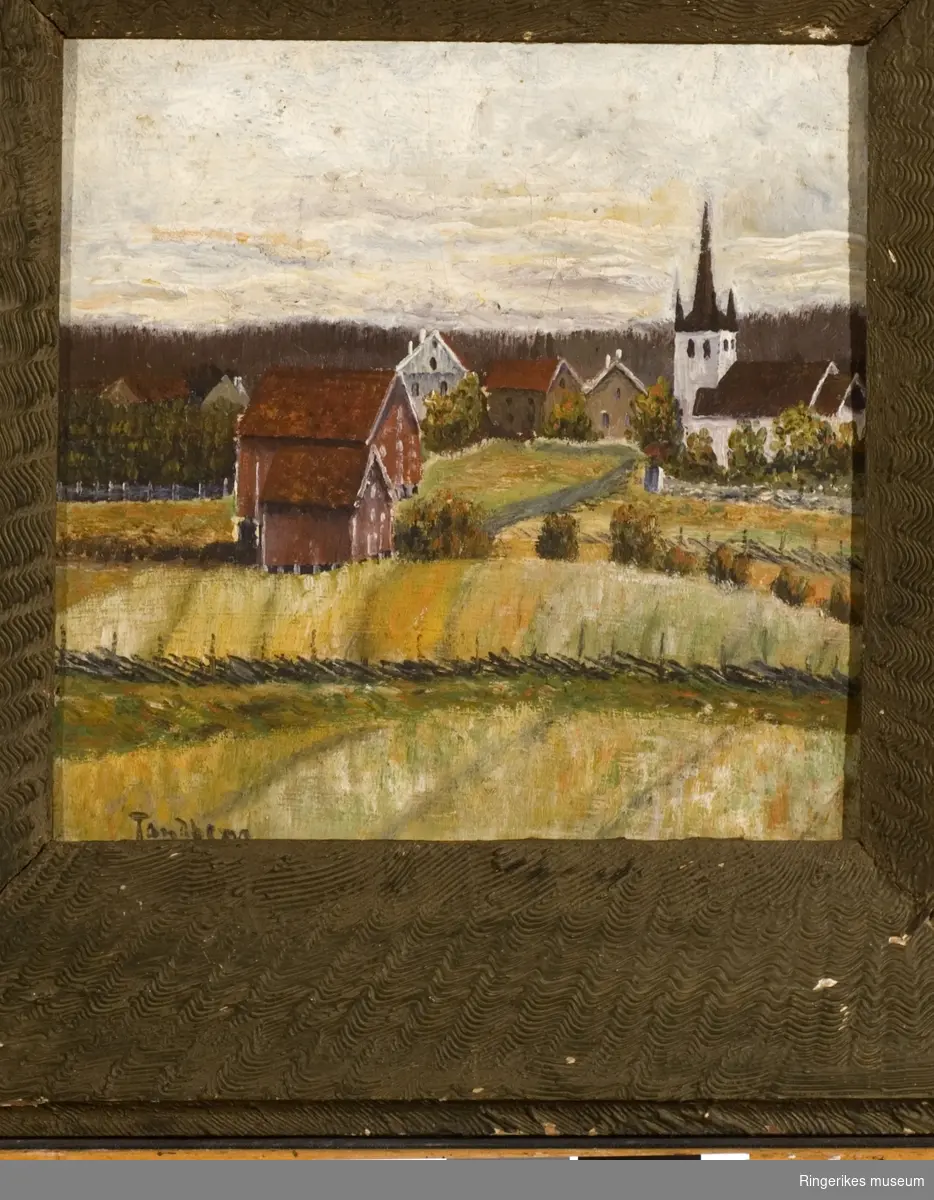Norderhov kirke og prestegård. I forgrunnen kornmagasinet som senere ble flyttet til Helgelandsmoen militærleir