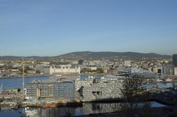 Utsikt fra Ekeberg, havn, fjord, panorama, Bjørvika, Barcode