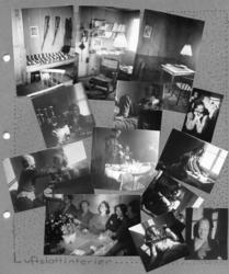 En albumside med mange småbilder av rom, interiør og mennesk