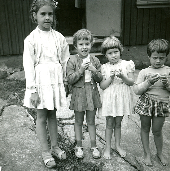 Sommaren 1958. Vi äter sura äpplen. Från vänster: Inger Wetterlund sommargranne f.1949; Veronika i hemmastickad dress 5 år; Agneta Turesson f. 1953 åretruntboende granne; flicka som var hyrgranne.