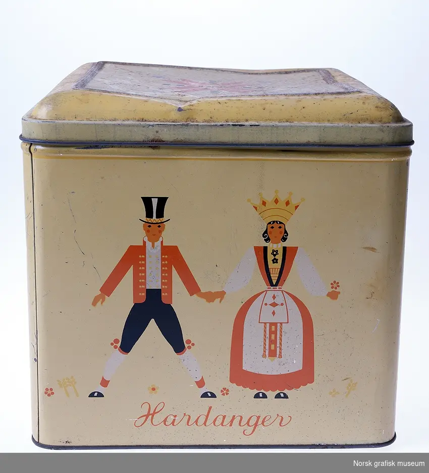 Kakeboks dekorert med blikktrykk av stiliserte folkedrakter/bunader, teksten antyder at de er fra Setesdal, Hardanger, Fana og Telemark.
På lokket står det trykt "Risto".