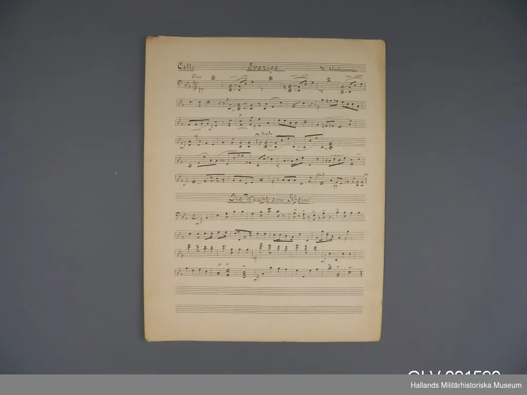 Mappen innehåller handskrivna noter för cellostämman till fyra musikstycken:  Sverige av Stenhammar, Die Wacht am Rhein, Grenadjärerna och Marsiljäsen.