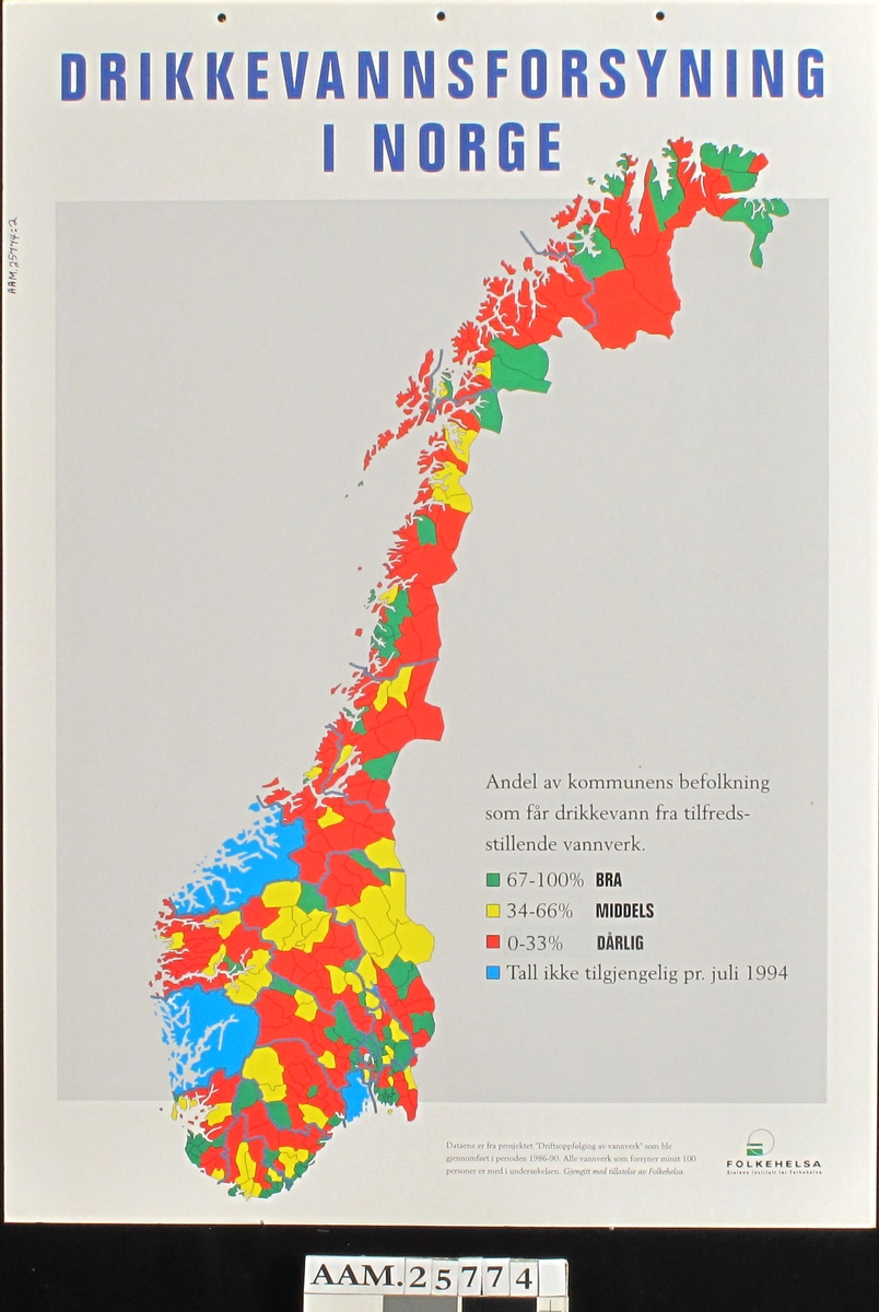 Kart over Sør-Norge med kommuner klassifisert etter kvaliteten på  drikkevann.