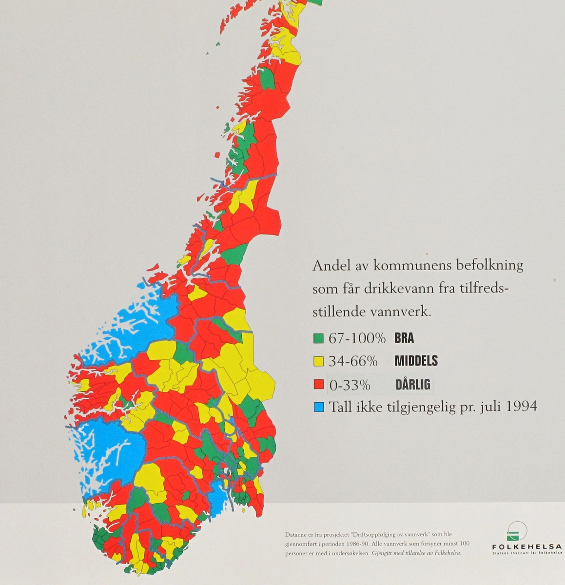 Kart over Sør-Norge med kommuner klassifisert etter kvaliteten på  drikkevann.