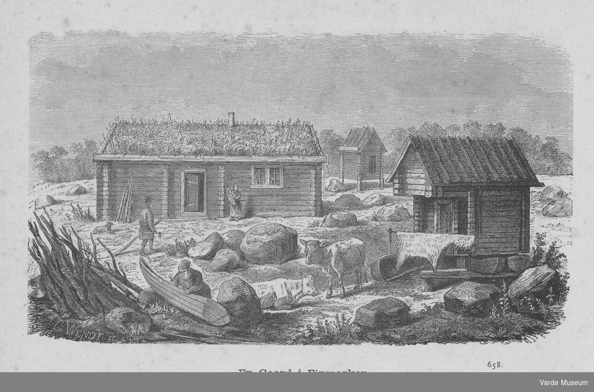 Tresnitt med gårdstun i Finnmark