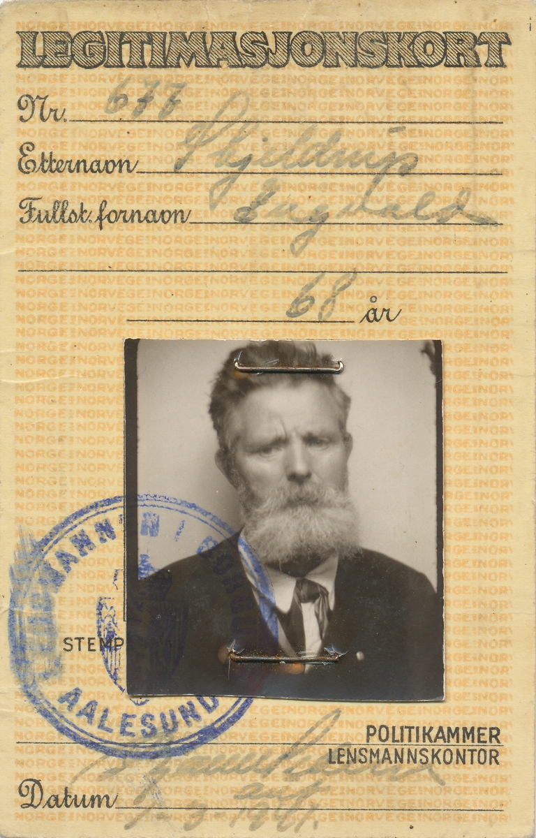 Legitimasjonskort for Ingvald Skjeldrup fra 1941.