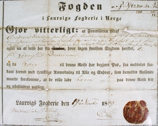 Reisetillatelse fra Fogden i Larvik, datert 19 november 1849