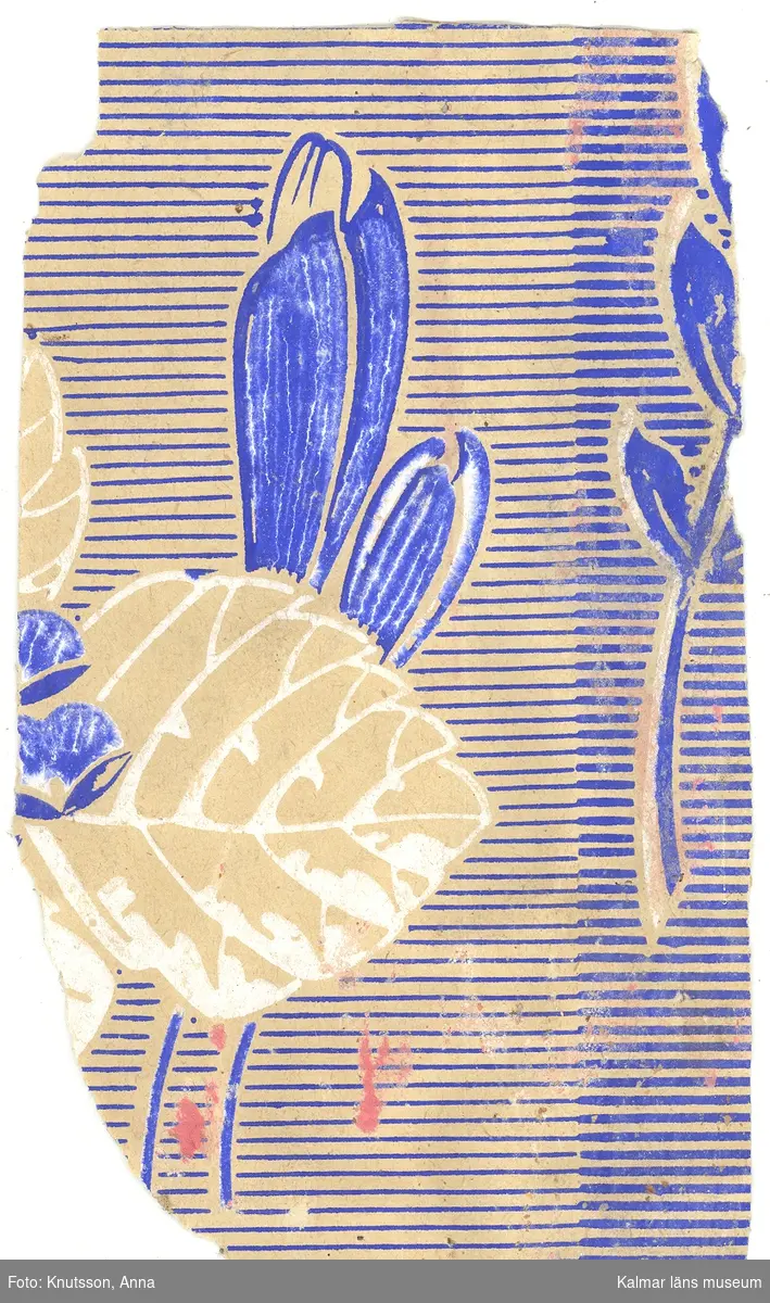 KLM 44086:3. Tapet i papper. Tapeten har pappersfärgad bakgrund med vågräta streck i ultramarinblått. Långa vackra knoppar i ultramarinblått och stora blad i vitt. Datering: tidig jugend, 1890-tal.