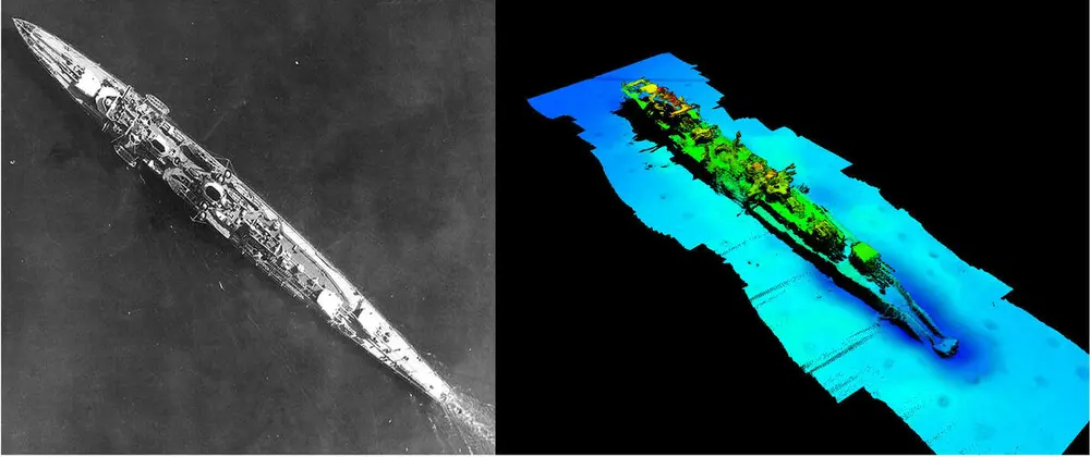 Flyfoto av Karlsruhe på sjøen og skjermdump fra 3D-modell av Karlsruhe på havbunnen, ved siden av hverandre.