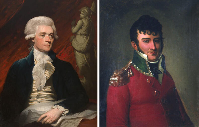 Thomas Jefferson (1743–1826) og Christian Magnus Falsen (1782-1830). Portretter malt av Mather Brown, 1786 (National Portrait Gallery, Smithsonian Institution) og av Christian Olsen, 1850-tallet (Eidsvoll 1814). (Foto/Photo)