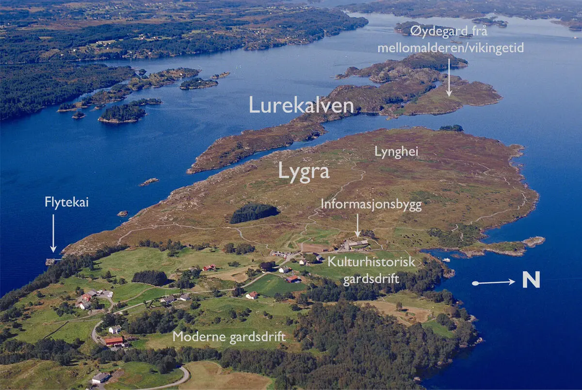 Flyfoto over ytre Lygra med pilar og tekst som viser informasjonsbygg, lyngheiene, flytekai med meir.