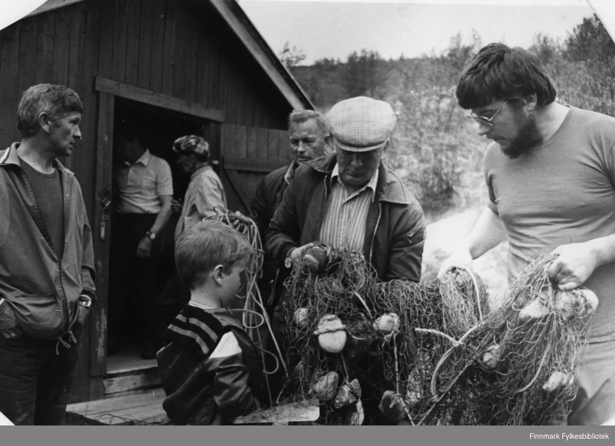 Fra "Käpälä-fisket" (som er tradisjonsbaserte kastenotfiske) ved hytta ved Neidenelva. Fra venstre: Magnar Arvola, Åge Karikoski, Arne Mikkelsen, Eilif Labahå, Karl-Johan Enbusk. Gutten foran er Pål-Magne Arvola.