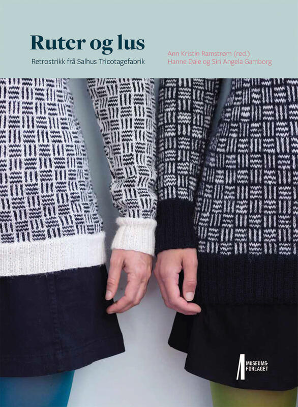 bokomslag til strikkeboka "Ruter og lus", nærbilete av to damer med strikkegenserar med grafisk mønster