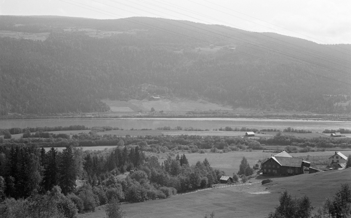 Landskapsbilde fra Ringebu i Gudbrandsdalen sommeren 1959. Fotografiet er tatt fra Strande på Baksida, vestsida av dalføret, over elva Lågen mot Sør-Vekkom på østsida. Der ser vi elvesletta med Trøståkervollene på dalbotnen og gardstunet på Trøståker i lia ovenfor. Høyere oppe i den bratte, skogkledde lia framtrer de mindre brukene Kleiva og Skrukkerud med sine åkrer som lysninger i barskogen. Fløtingsingeniøren som tok dette fotografiet var opptatt av å dokumenterer hindringer for framdriften av tømmeret. Denne delen av Lågen var bred og stilleflytende, og derfor ikke den mest kompliserte for mannskapene. Men elva la igjen en del sand og grus der tømmerstokkene hadde lett for å strande og pakke seg i hop i hauger når vannstanden var synkende, som den ofte var når det led ut over sommeren. Sannsynligvis var dette et problem også sommeren 1959, men her er avstanden til vassdraget såpass stor at vi gjenliggende tømmer ikke er framtredende på bildet.